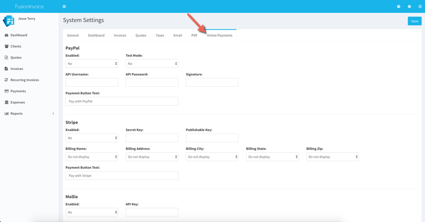 system settings online payments